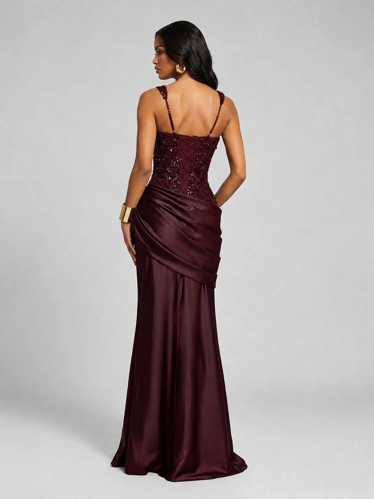 Scoop Neck Sequin Prom Dress with High Slit Satin Formal Gowns