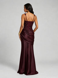 Scoop Neck Sequin Prom Dress with High Slit Satin Formal Gowns