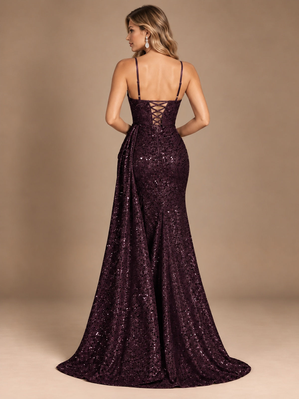 Burgundy Sequin Corset Prom Dress with High Slit