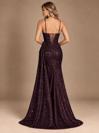 Burgundy Sequin Corset Prom Dress with High Slit