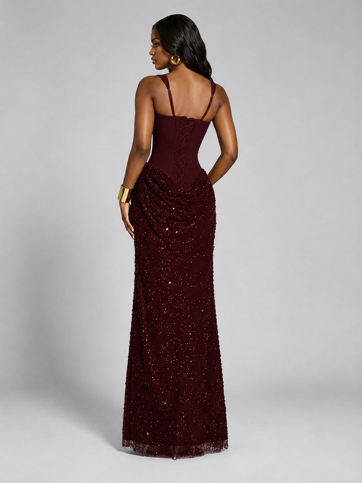 Sequin Corset Mermaid Prom Dress with Square Neck Wide Strap High Slit