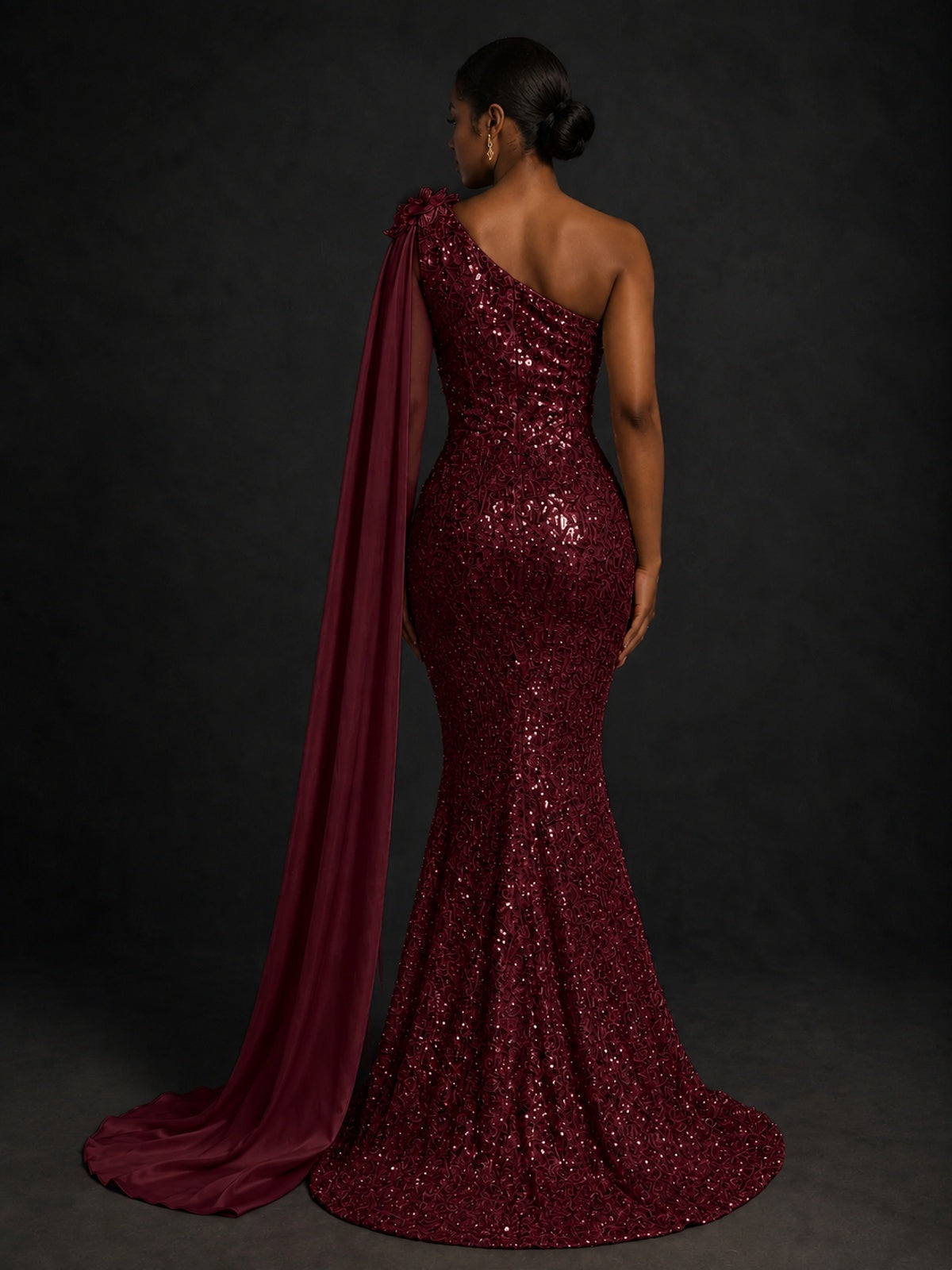 Gold Sequin One Shoulder Mermaid Prom Dress with Cape