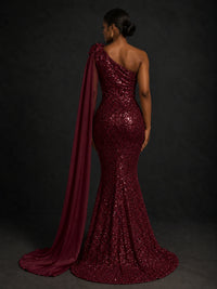 Gold Sequin One Shoulder Mermaid Prom Dress with Cape