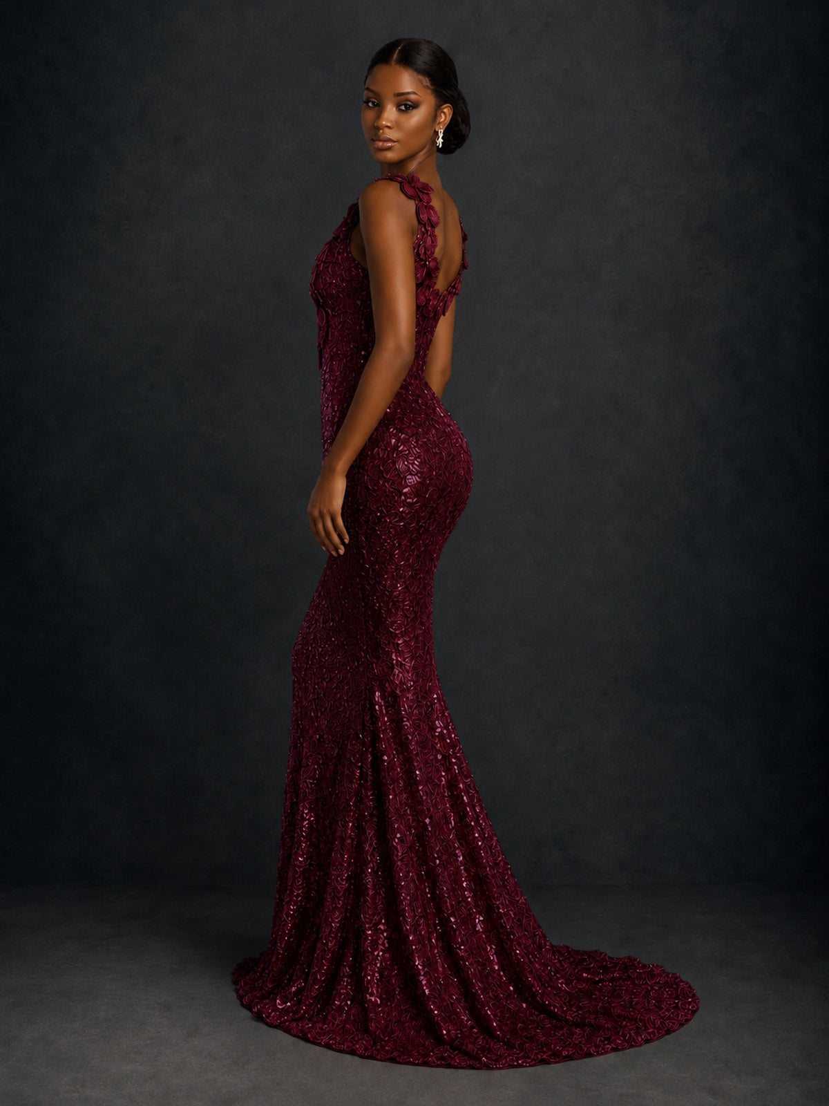 Gold Sequin Floral Applique Mermaid Prom Dress