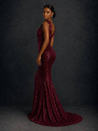 Gold Sequin Floral Applique Mermaid Prom Dress