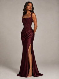 Scoop Neck Sequin Prom Dress with High Slit Satin Formal Gowns