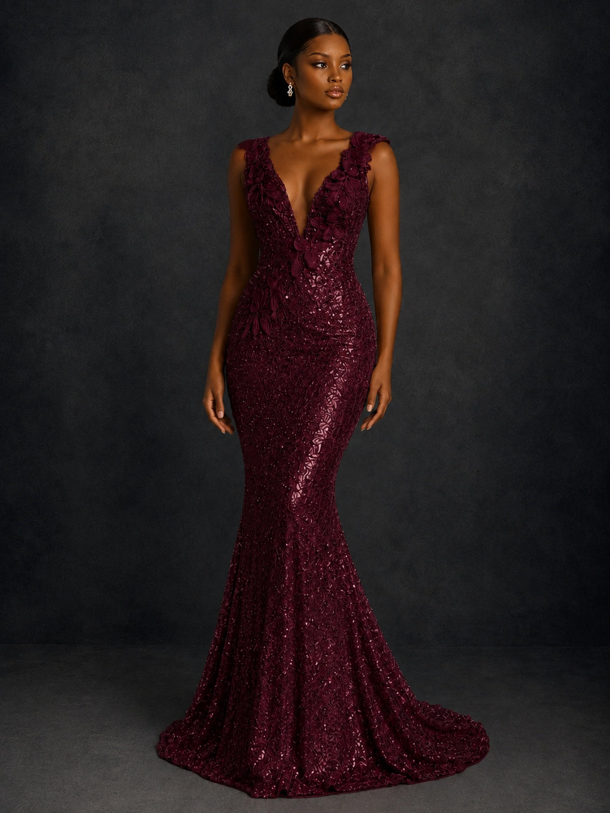 Gold Sequin Floral Applique Mermaid Prom Dress