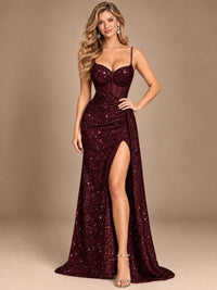 Burgundy Sequin Corset Prom Dress with High Slit