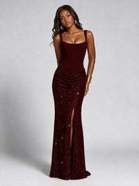 Sequin Corset Mermaid Prom Dress with Square Neck Wide Strap High Slit