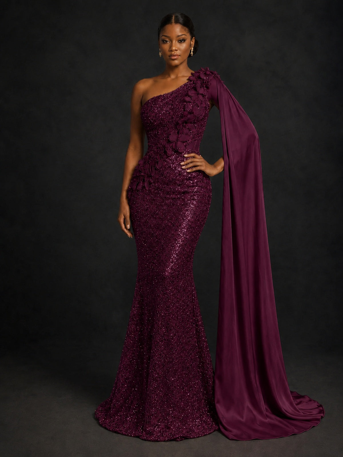 Gold Sequin One Shoulder Mermaid Prom Dress with Cape