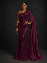 Gold Sequin One Shoulder Mermaid Prom Dress with Cape