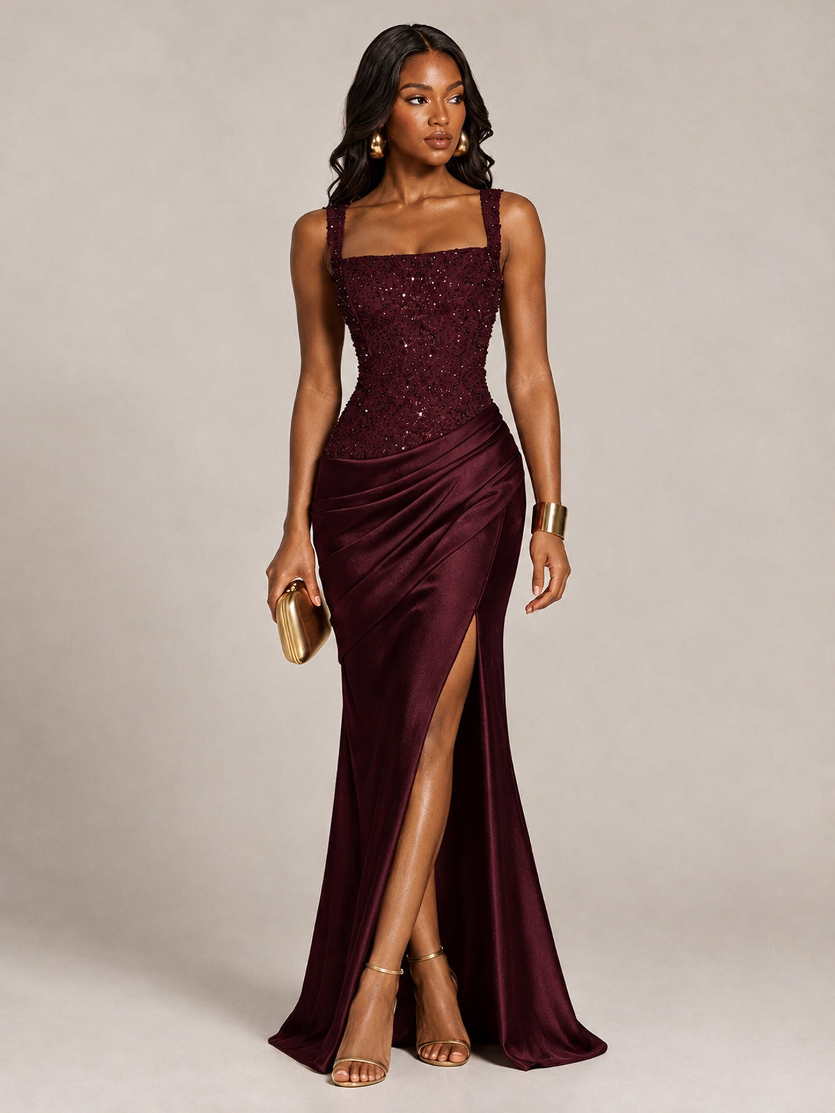 Scoop Neck Sequin Prom Dress with High Slit Satin Formal Gowns