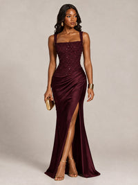 Scoop Neck Sequin Prom Dress with High Slit Satin Formal Gowns