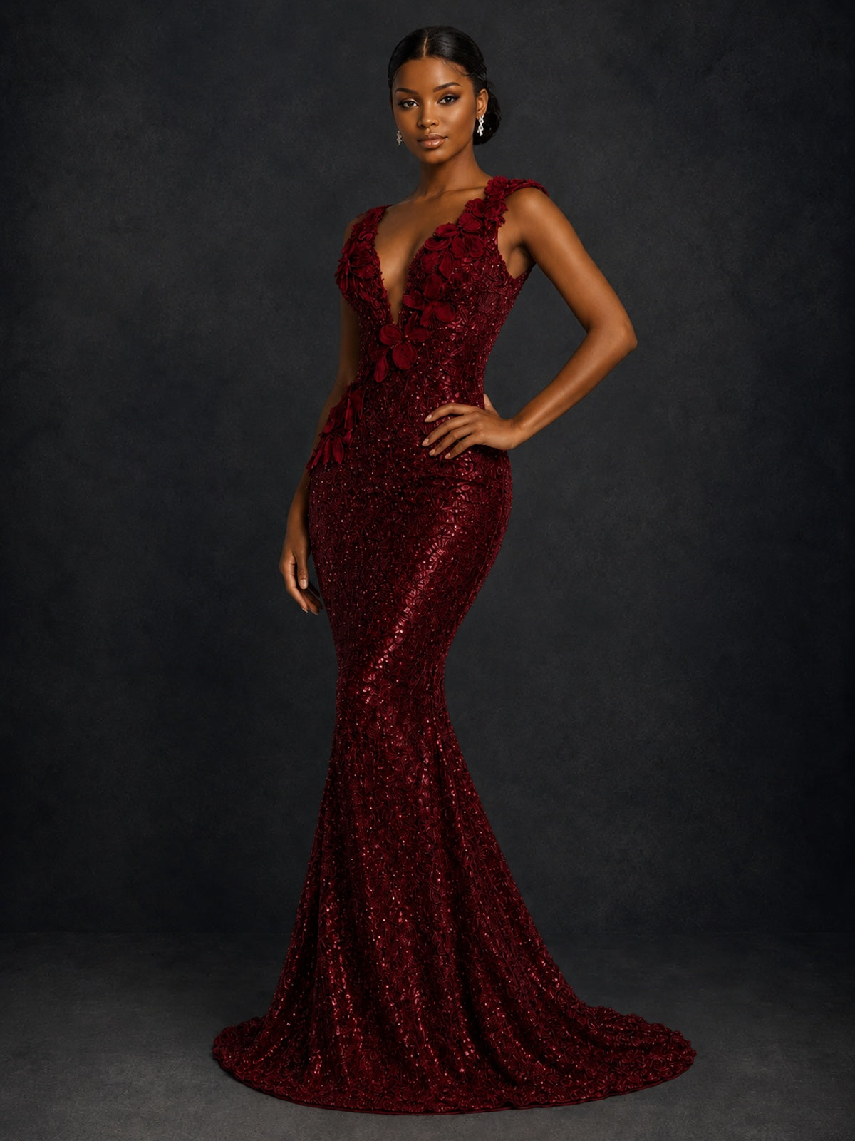 Gold Sequin Floral Applique Mermaid Prom Dress