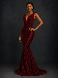 Gold Sequin Floral Applique Mermaid Prom Dress