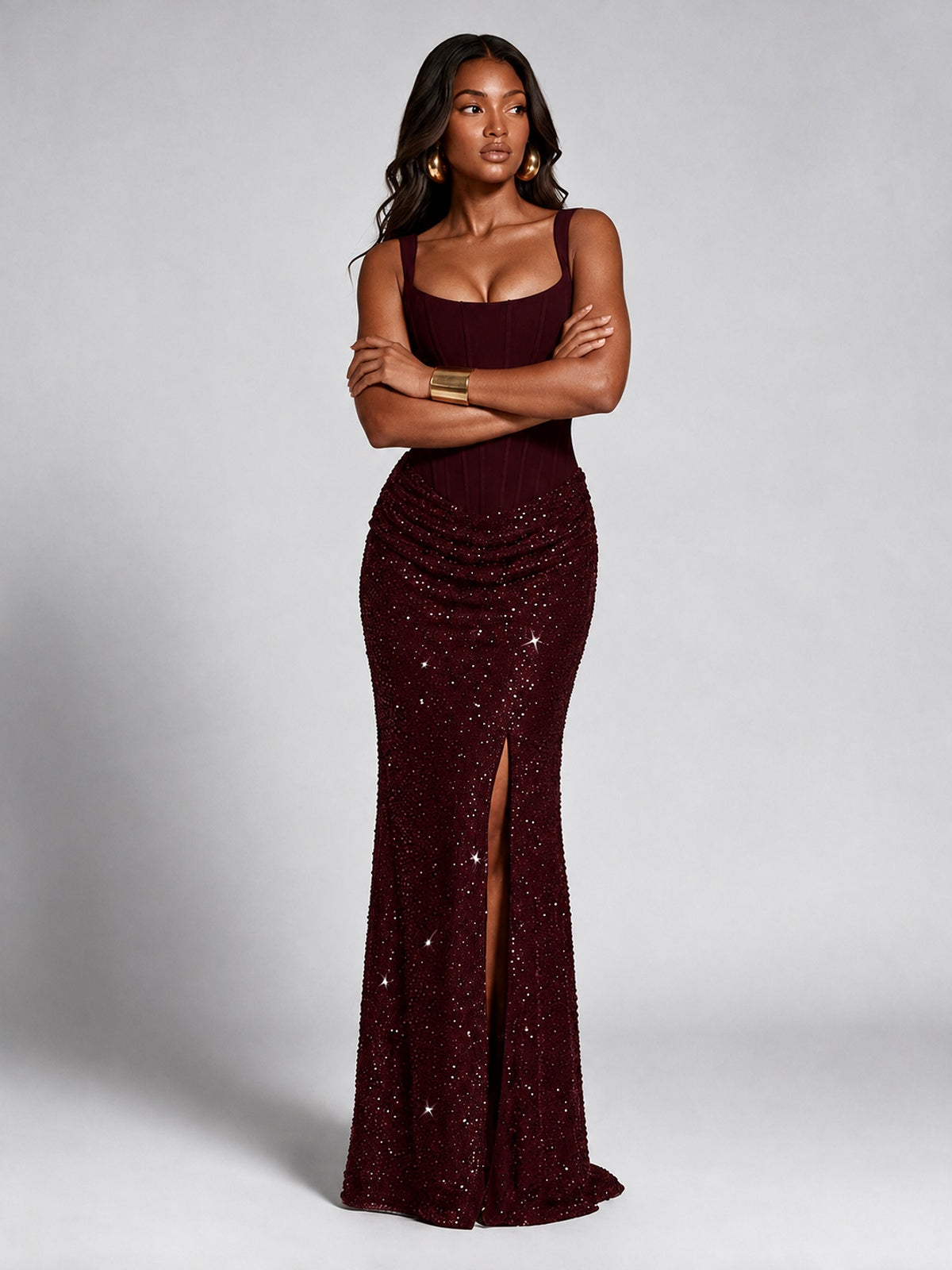 Sequin Corset Mermaid Prom Dress with Square Neck Wide Strap High Slit