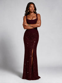 Sequin Corset Mermaid Prom Dress with Square Neck Wide Strap High Slit
