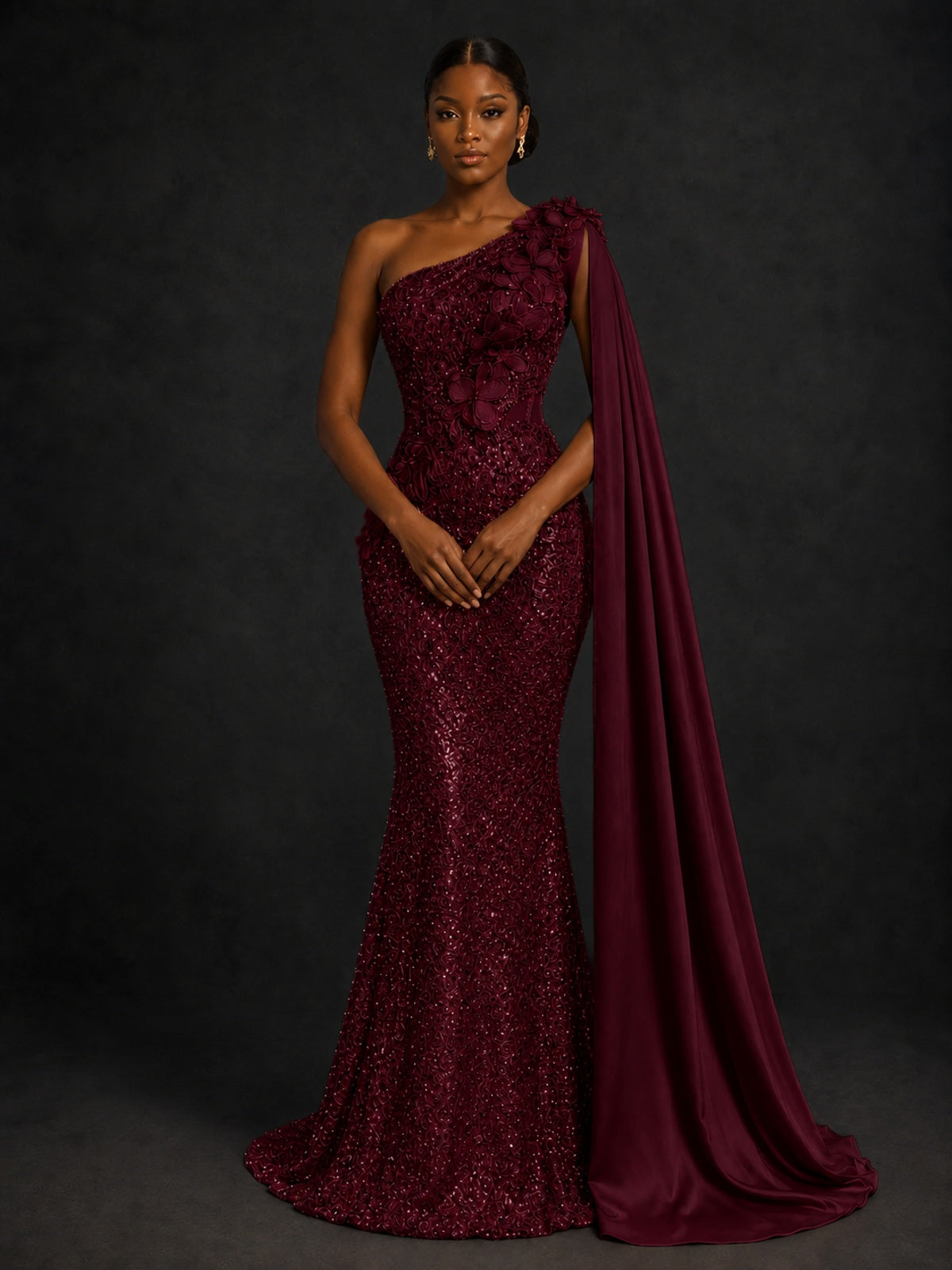 Gold Sequin One Shoulder Mermaid Prom Dress with Cape
