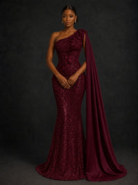 Gold Sequin One Shoulder Mermaid Prom Dress with Cape