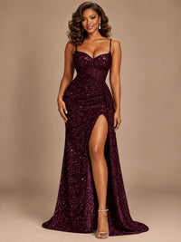 Burgundy Sequin Corset Prom Dress with High Slit