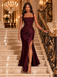 Scoop Neck Sequin Prom Dress with High Slit Satin Formal Gowns