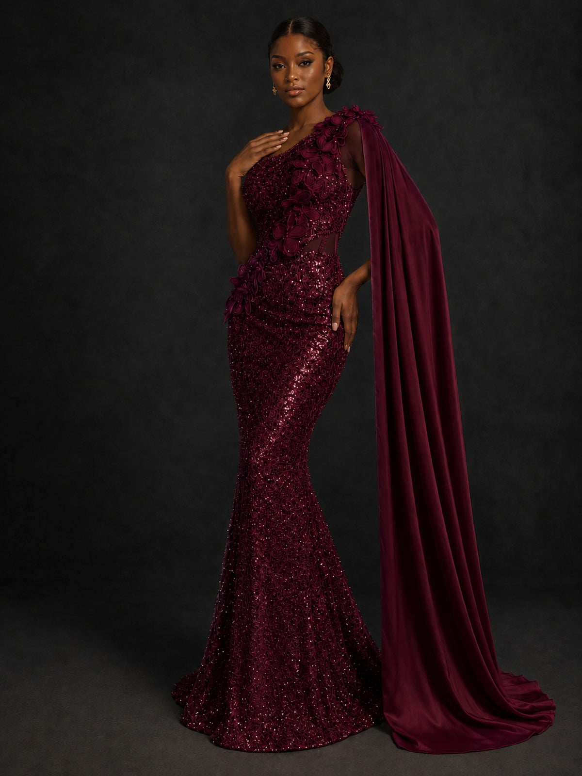 Gold Sequin One Shoulder Mermaid Prom Dress with Cape