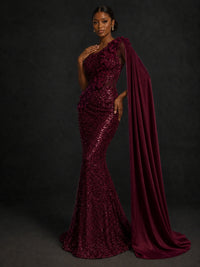 Gold Sequin One Shoulder Mermaid Prom Dress with Cape