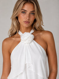 White Chiffon Tiered Ruffle Halter Homecoming Mini Dress with Rosette
