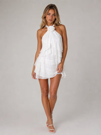 White Chiffon Tiered Ruffle Halter Homecoming Mini Dress with Rosette