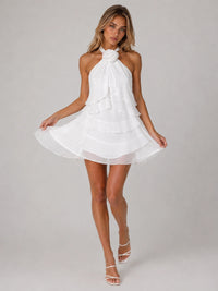 White Chiffon Tiered Ruffle Halter Homecoming Mini Dress with Rosette