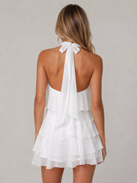 White Chiffon Tiered Ruffle Halter Homecoming Mini Dress with Rosette