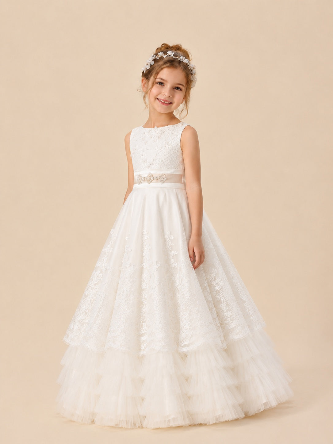 Jovellee white lace tulle floor length flower girl dress with embellished sash