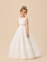 Jovellee white lace tulle floor length flower girl dress with embellished sash