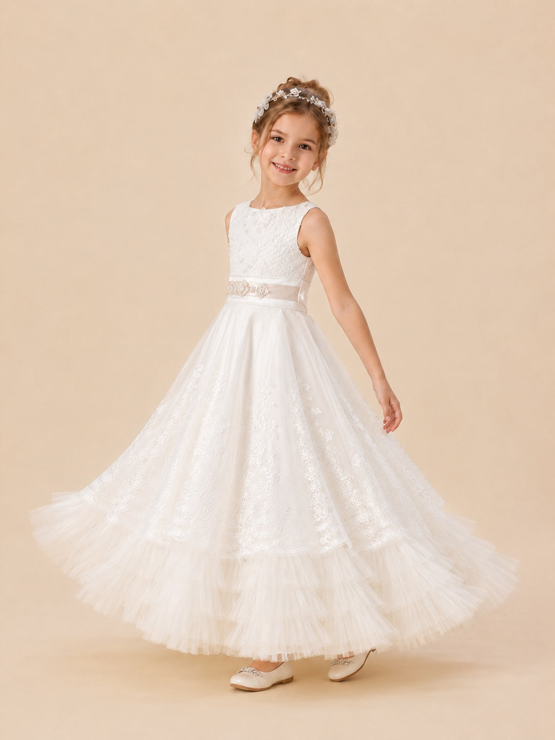 White flower girl dress with embellished waist sash and lace bodice