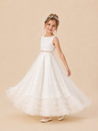 White flower girl dress with embellished waist sash and lace bodice