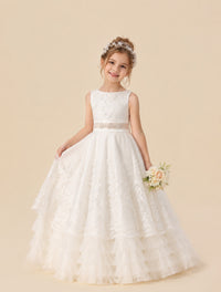 White lace flower girl dress with layered tulle ruffle skirt