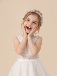 White Lace Tulle Flower Girl Dress with Sash