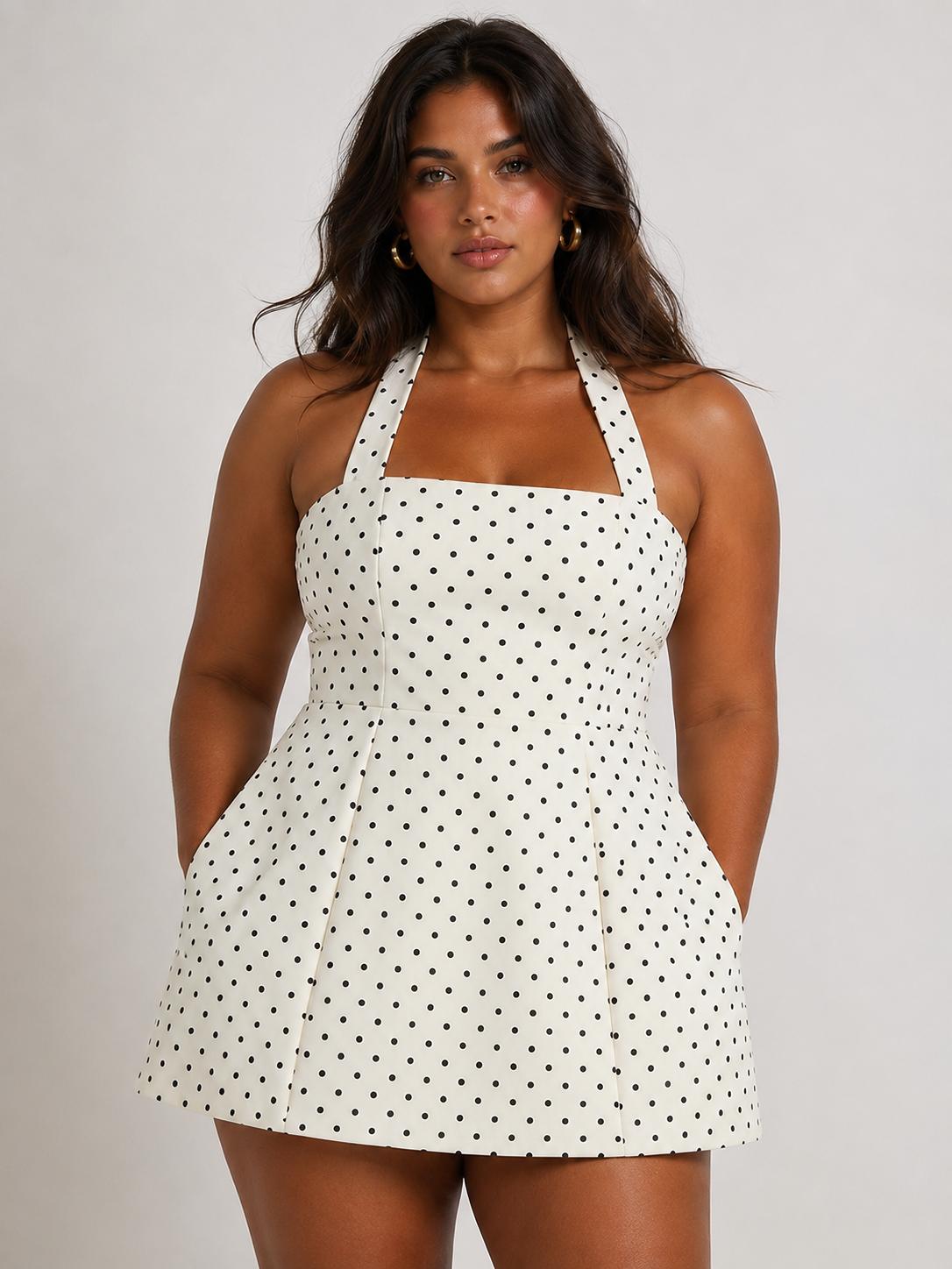 White polka dot halter mini dress with fitted bodice