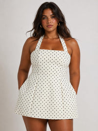 White polka dot halter mini dress with fitted bodice