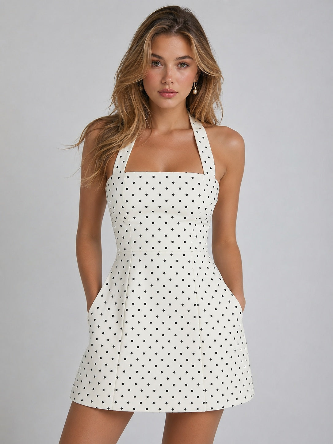 White polka dot A-line mini dress with side pockets