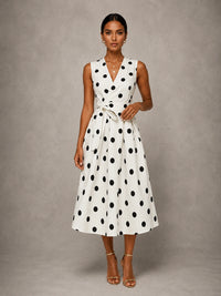 White Polka Dot V Neck Tie Waist Midi Dress