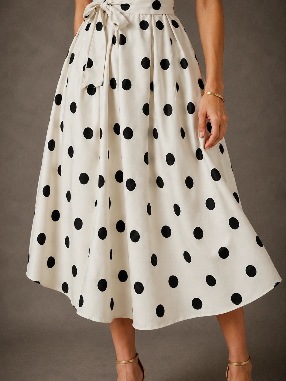White Polka Dot V Neck Tie Waist Midi Dress