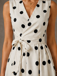 White Polka Dot V Neck Tie Waist Midi Dress