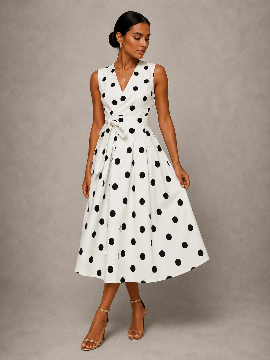 White Polka Dot V Neck Tie Waist Midi Dress