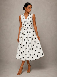White Polka Dot V Neck Tie Waist Midi Dress
