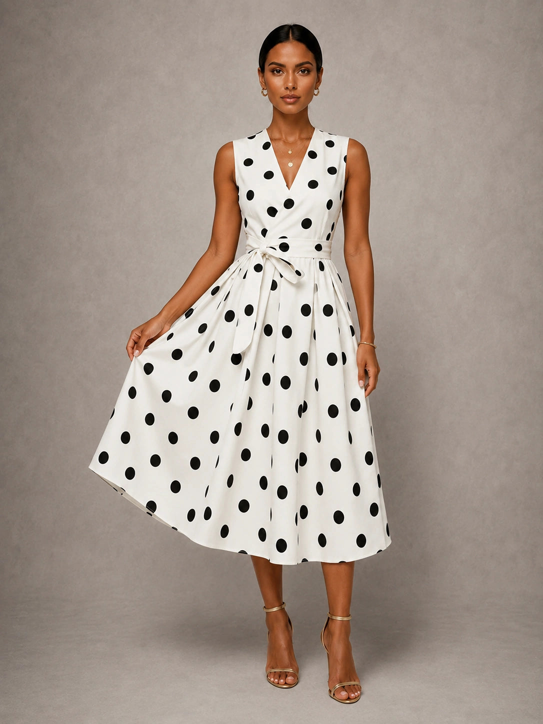 White Polka Dot V Neck Tie Waist Midi Dress