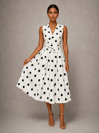 White Polka Dot V Neck Tie Waist Midi Dress