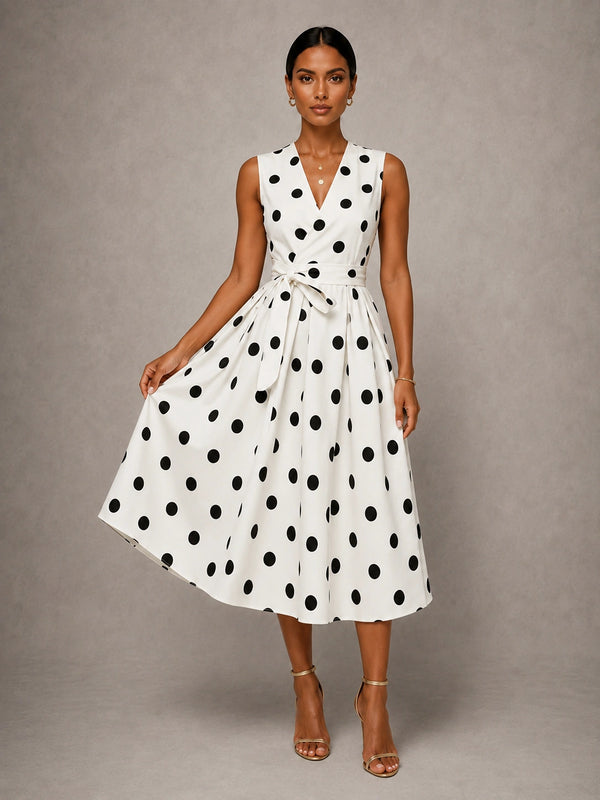 White Polka Dot V Neck Tie Waist Midi Dress