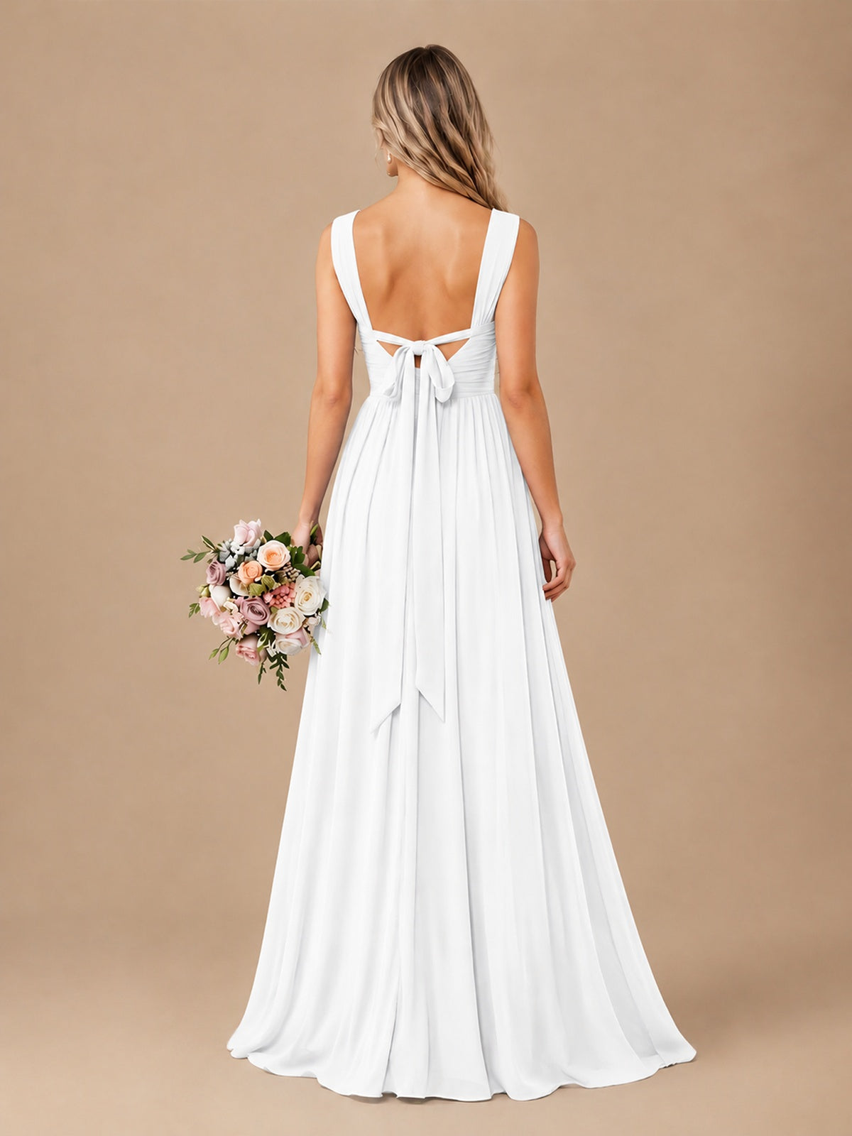 Pleated Chiffon V Neck Wedding Bridesmaid Dresses Floor Length with Slit