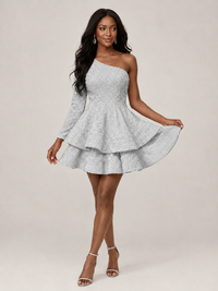 Puffy One Shoulder Sequin Tiered Mini Dress